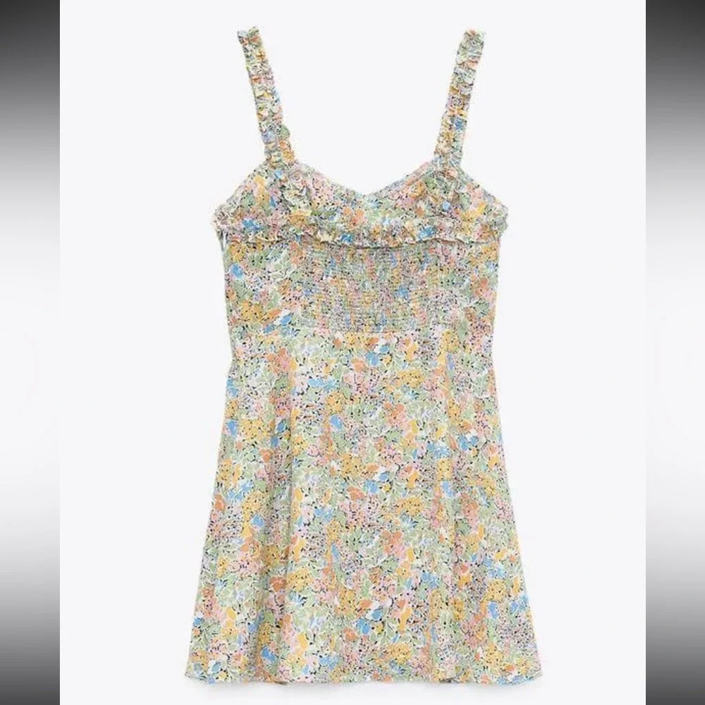 Zara Floral Mini Dress Sweetheart Neck Ruffle Strap Smocked Sundress Multi XXL - Picture 6 of 10